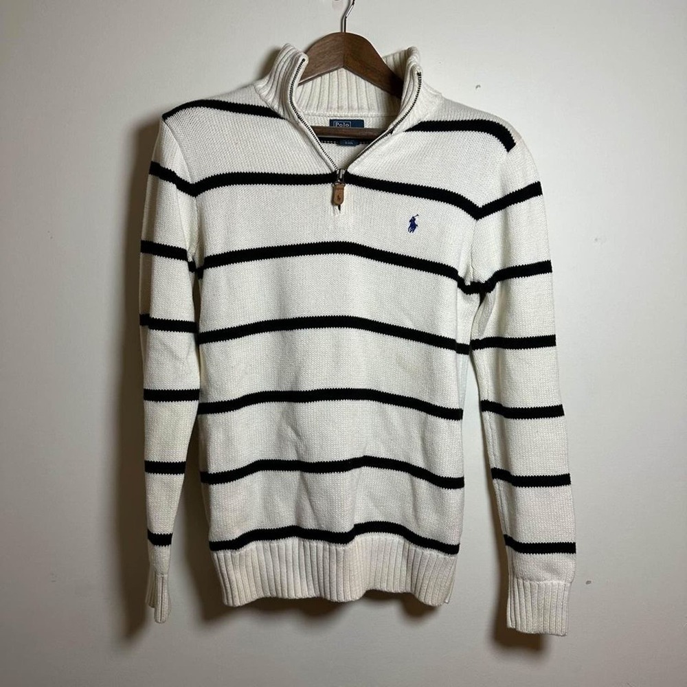 Ralph Lauren Youth Black & White Striped Quarter-Zip Sweater - Youth XL (18-20)